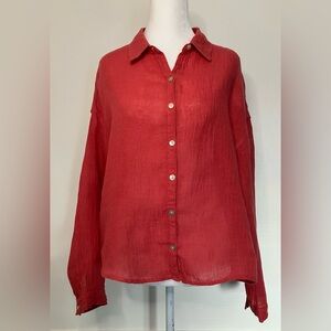 Tahari Shirt  100% Linen Button Down European Flax Tunic Medium Red Costal Boho